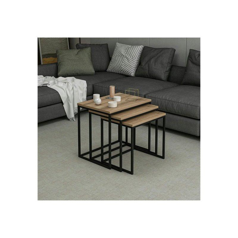 Ceviz Desenli Üçlü Zigon Sehpa 55x40 cm Metal Ayaklı - 106231