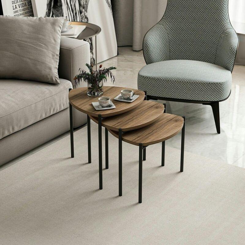 Ceviz Desenli Zigon Sehpa 45x45 cm Metal Ayaklı 3'lü Set Bej - 107131