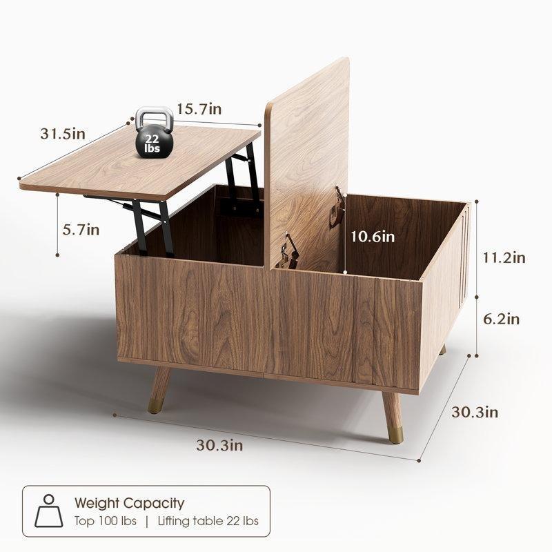 Ceviz Endüstriyel Ahşap Kare Açılır Akıllı Sehpa 80x80 cm - 101334