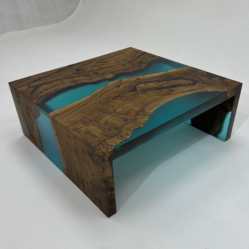 Ceviz Masif Ahşap Mavi Epoksi Orta Sehpa 99x99x46 cm - 104098