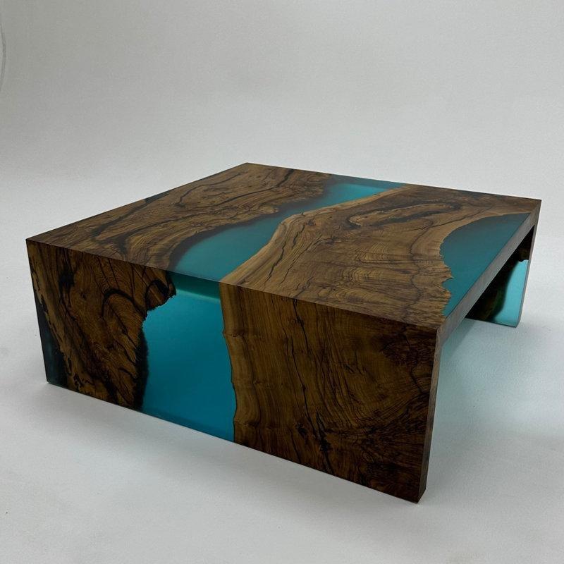 Ceviz Masif Ahşap Mavi Epoksi Orta Sehpa 99x99x46 cm - 104098