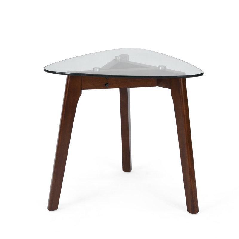Ceviz Masif Ahşap Temperli Cam Çekmeceli Raflı Üçgen Yan Sehpa-56x60x57 cm - 113190