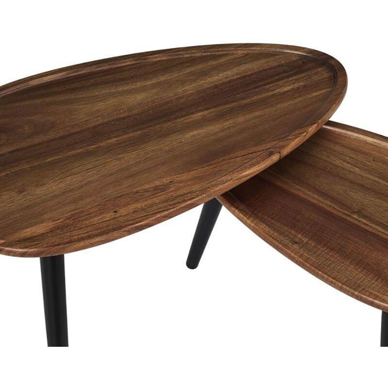 Ceviz Rengi Akasya Zigon Sehpa Oval 60x39 cm Siyah Ayaklı 2'li Set - 107617