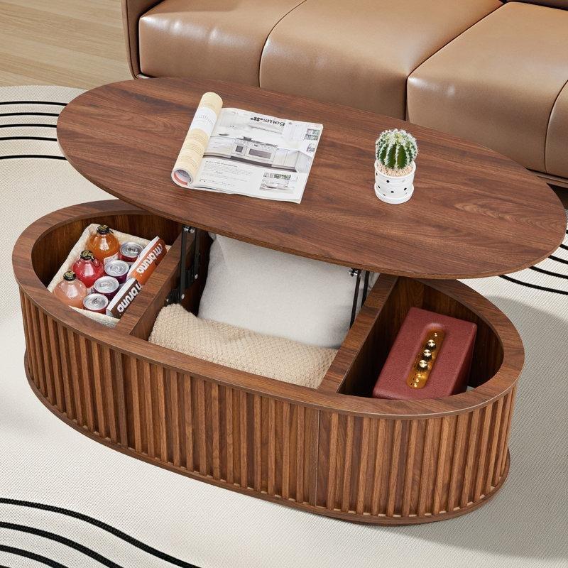 Ceviz Rengi Endüstriyel Ahşap Açılır Akıllı Sehpa 110x50 cm Depolama Alanı ile - 101238