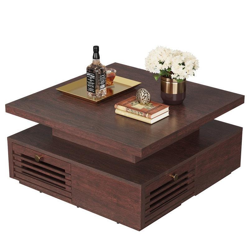 Ceviz Rengi Endüstriyel Ahşap Kare Ledli Orta Sehpa 80x80 cm Şarj İstasyonlu 4 Çekmeceli - 104407