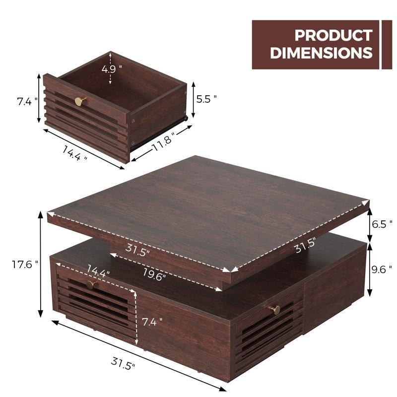 Ceviz Rengi Endüstriyel Ahşap Kare Ledli Orta Sehpa 80x80 cm Şarj İstasyonlu 4 Çekmeceli - 104407