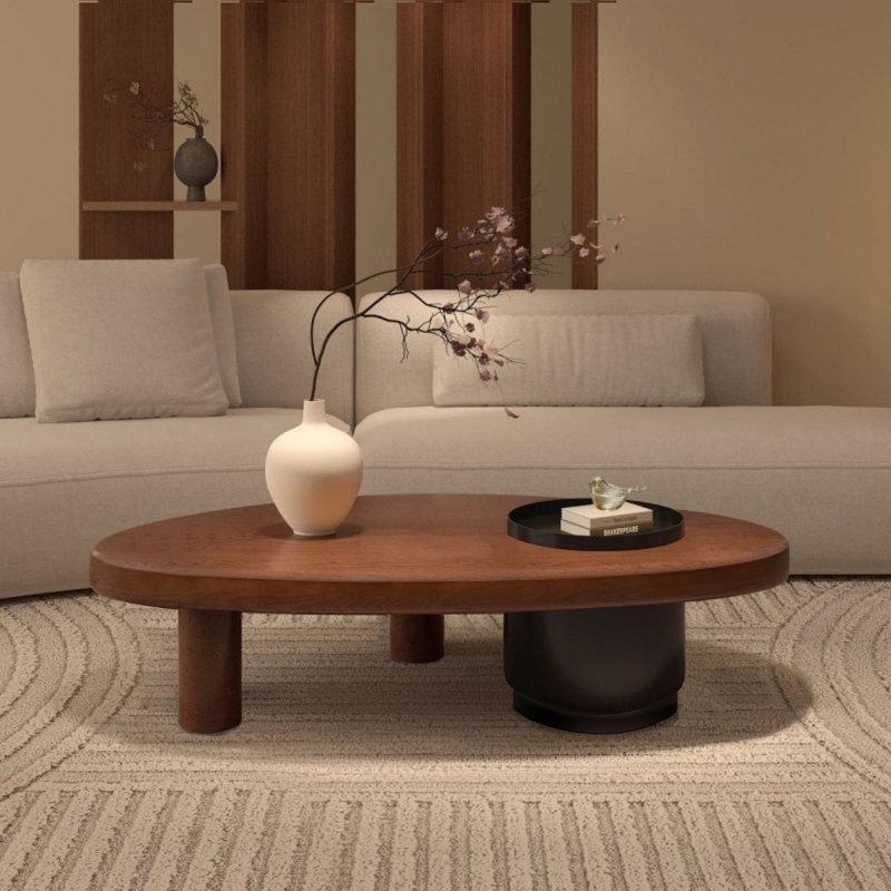 Ceviz Rengi Masif Ahşap Ovl Fasulye Orta Sehpa 120x73 cm Gizli Depolama Bölmeli - 104167