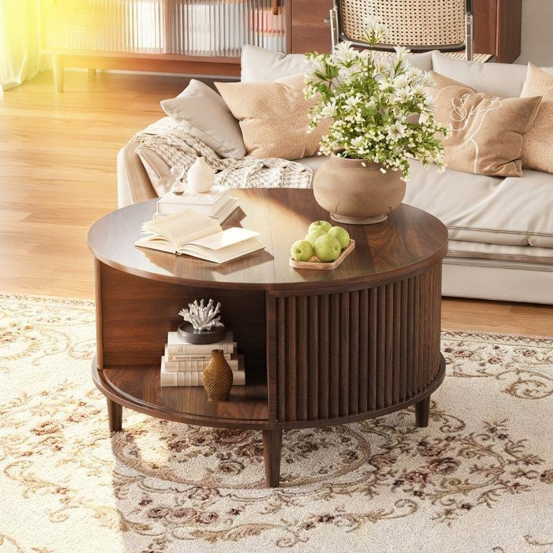 Ceviz Rengi Yuvarlak Akıllı Sehpa 80 cm, Kaymalı Kapı ve Çift Katmanlı Depolama Alanı - 101385