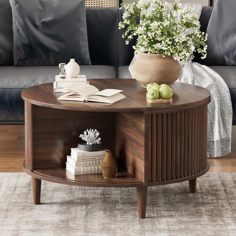 Ceviz Rengi Yuvarlak Akıllı Sehpa 80 cm, Kaymalı Kapı ve Çift Katmanlı Depolama Alanı - 101385