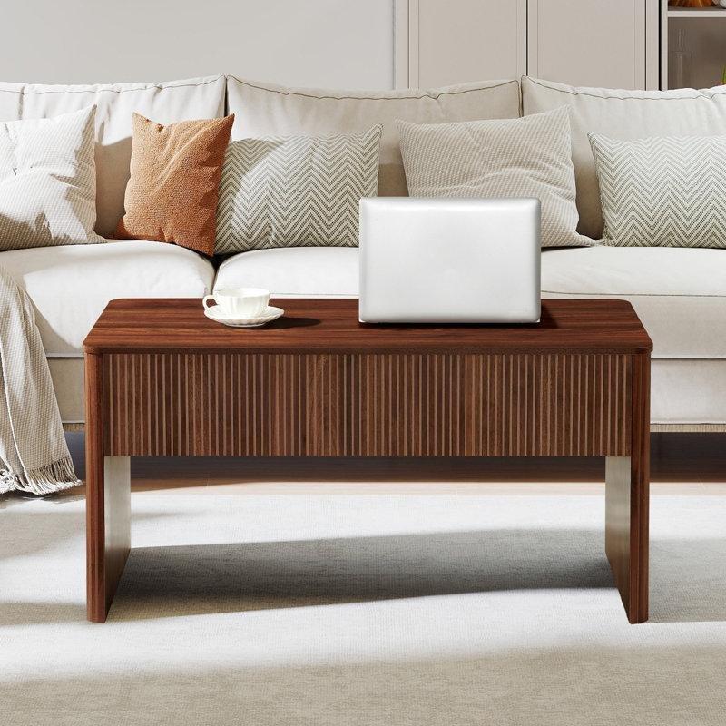 Ceviz Renginde Açılır Ahşap Akıllı Sehpa 100x50x50 cm Depolama Bölmeli - 101262