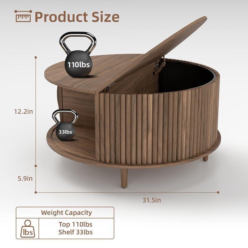 Ceviz Renkli Yuvarlak Ahşap Orta Sehpa 80 cm Çekmeceli ve Raflı - 104974