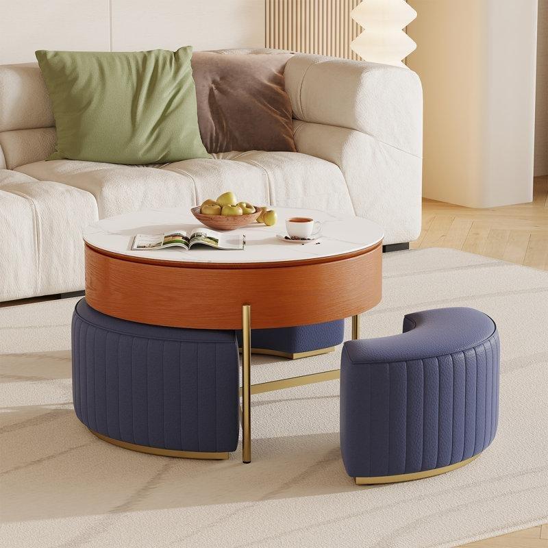 Ceviz Tonlu Açılır Mermer Desenli Akıllı Sehpa 80 cm - 3 Saklama Tabure Dahil - 101376