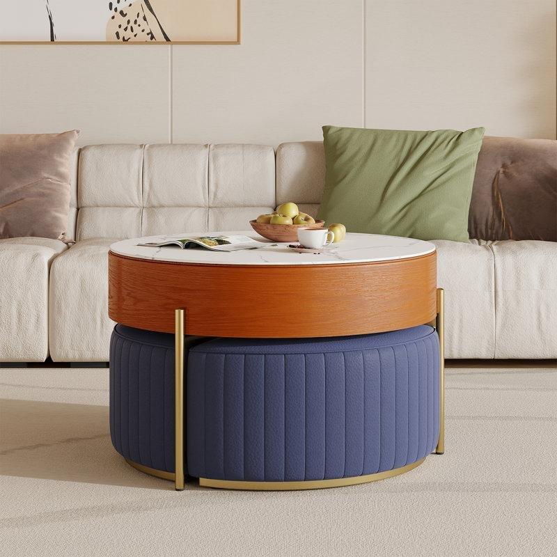 Ceviz Tonlu Açılır Mermer Desenli Akıllı Sehpa 80 cm - 3 Saklama Tabure Dahil - 101376