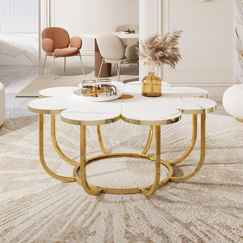 Çiçek Şekilli Gold Orta Sehpa Beyaz Mermer Desenli 100x100 cm - 105076