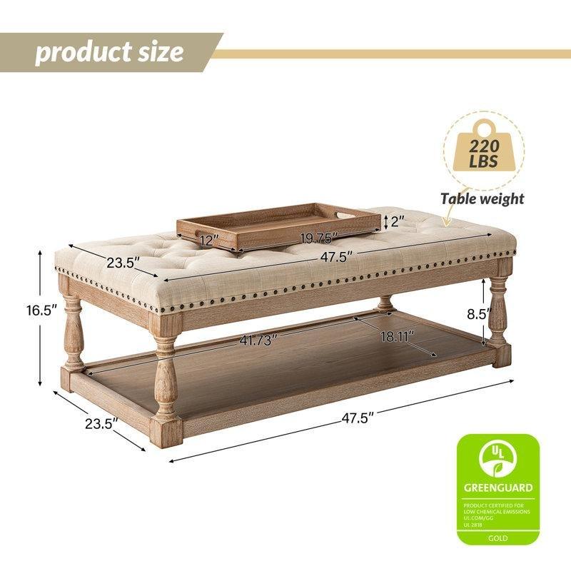 Clymer Masif Ahşap Dikdörtgen Puflu Orta Sehpa 121 cm, Kahverengi - 104902