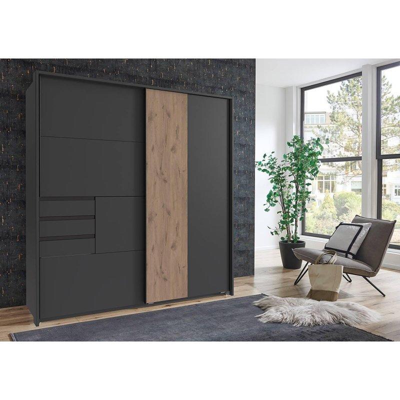 Coburg Siyah Sürgülü Gardrop 180x198 cm Endüstriyel Ahşap Detaylı - 90898