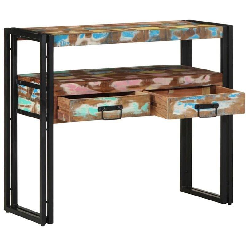 Çok Renkli Masif Geri Dönüştürülmüş Ahşap Çekmeceli Raflı Bohem Yan Sehpa-90x33x75 cm - 111157