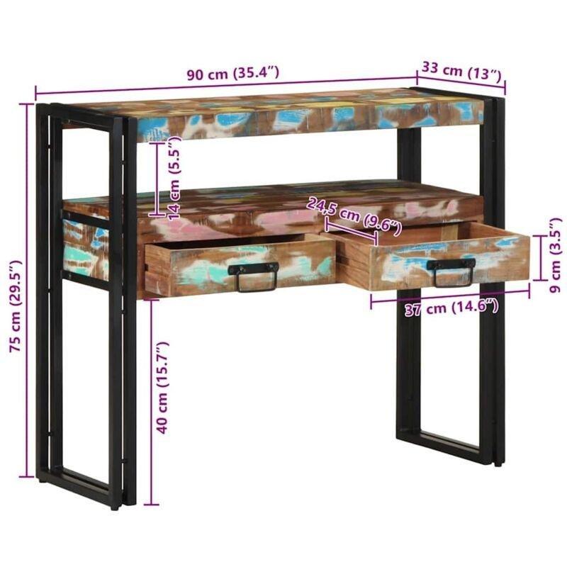 Çok Renkli Masif Geri Dönüştürülmüş Ahşap Çekmeceli Raflı Bohem Yan Sehpa-90x33x75 cm - 111157