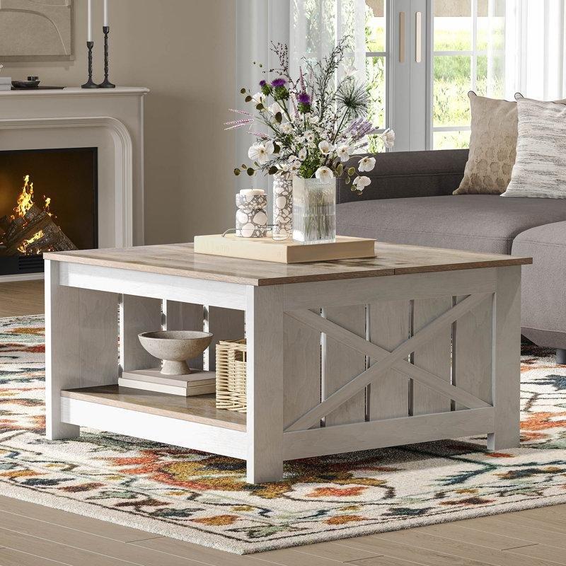 Country Endüstriyel Ahşap Kare Orta Sehpa Raflı 80x80x45 cm - 104995
