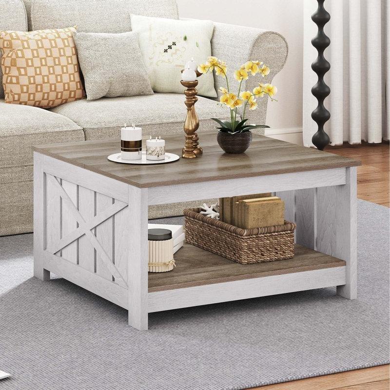 Country Endüstriyel Ahşap Kare Orta Sehpa Raflı 80x80x45 cm - 104995