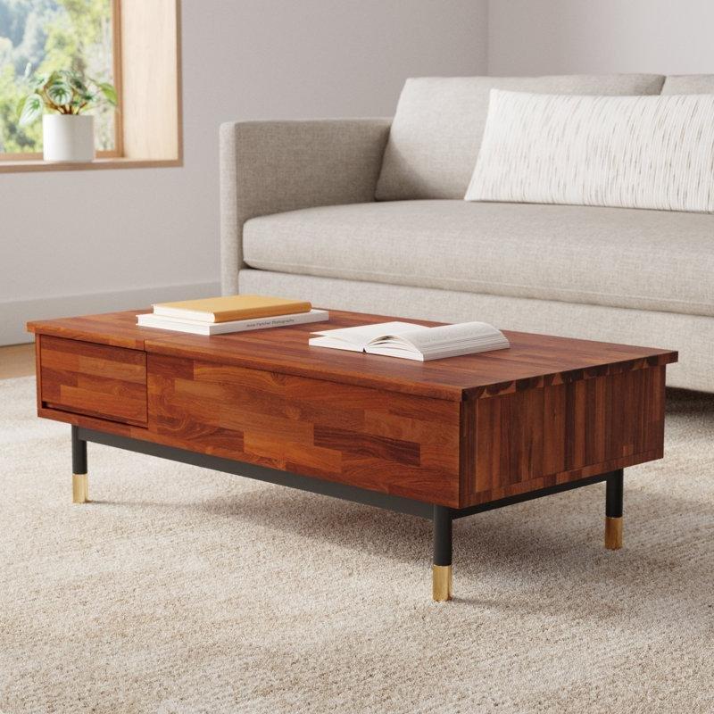 Dakota Masif Akasya Ahşap Üstü Çekmeceli Akıllı Sehpa 120x60x38-61 cm - 101394