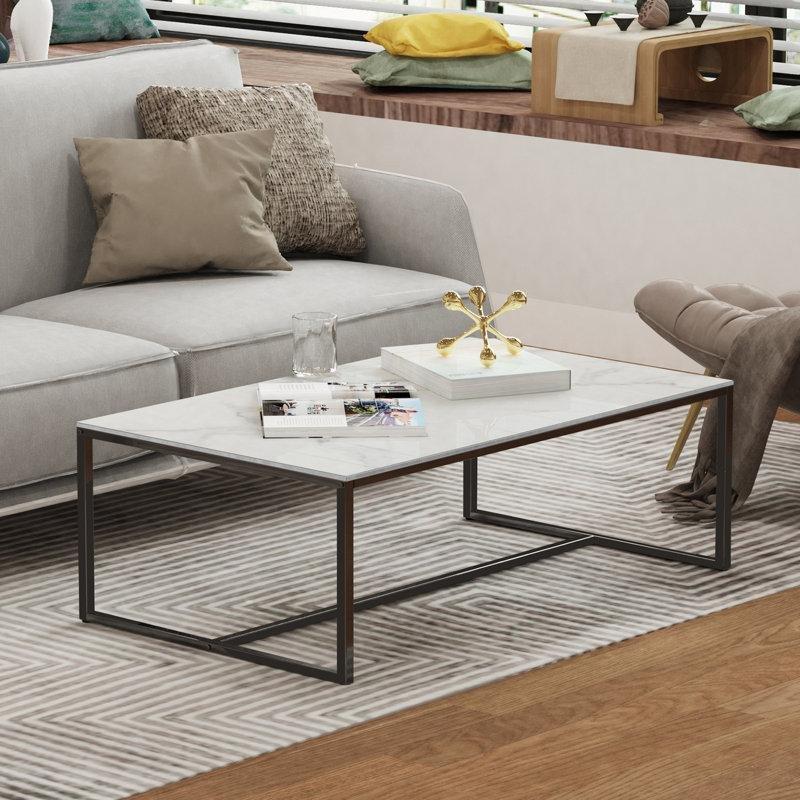 Deivion Sinterize Taş Üstü Dikdörtgen Ofis Orta Sehpası 100x60x43 cm Siyah Metal Ayaklı - 104665