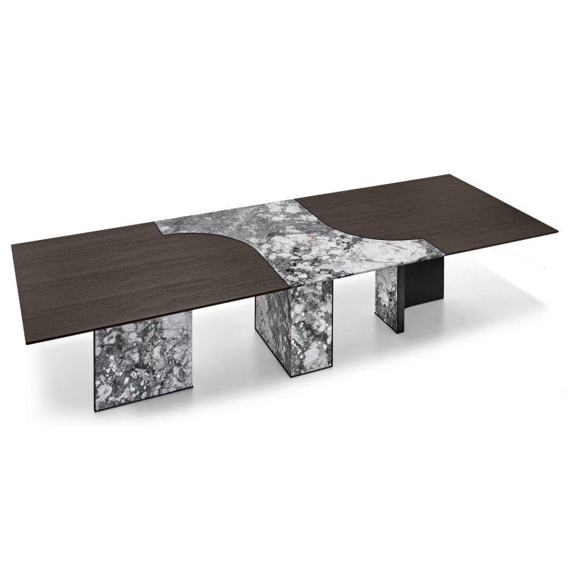 Dikdörtgen Gri Mermer Masa 350x120 cm Ahşap Detaylı - 92206