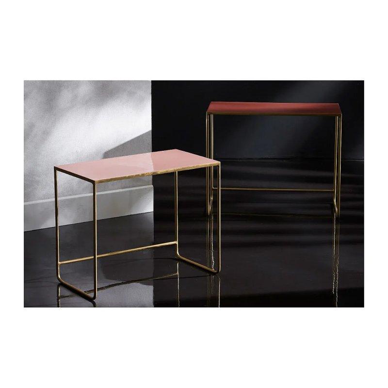 Dikdörtgen Iç İçe Geçebilen Orta Sehpa Seti Terracotta ve Pembe Renkli Metal Gold Ayaklı 2 Parça - 102036