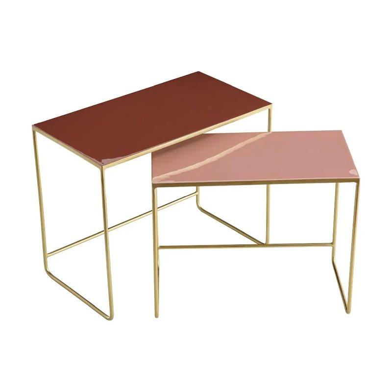 Dikdörtgen Iç İçe Geçebilen Orta Sehpa Seti Terracotta ve Pembe Renkli Metal Gold Ayaklı 2 Parça - 102036