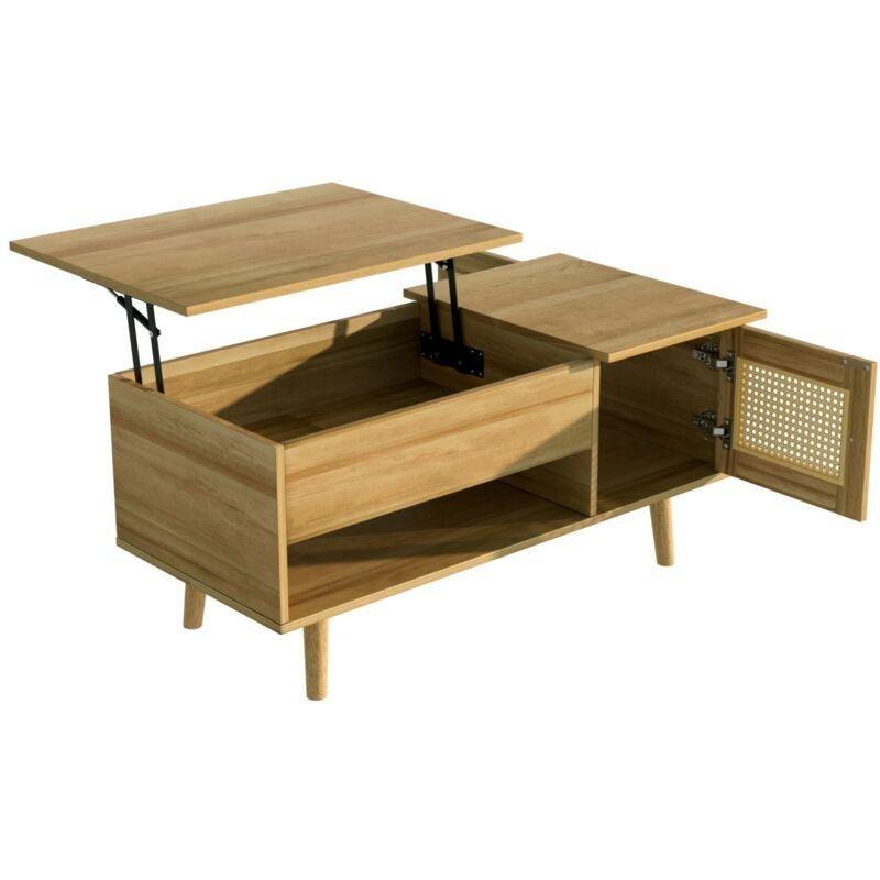 Doğal Ahşap Akıllı Sehpa 103x50x46 cm Açılır Tablalı ve Rotin Kapılı - 101517