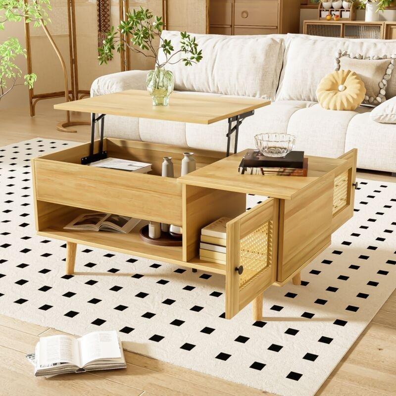 Doğal Ahşap Akıllı Sehpa 103x50x46 cm Açılır Tablalı ve Rotin Kapılı - 101517