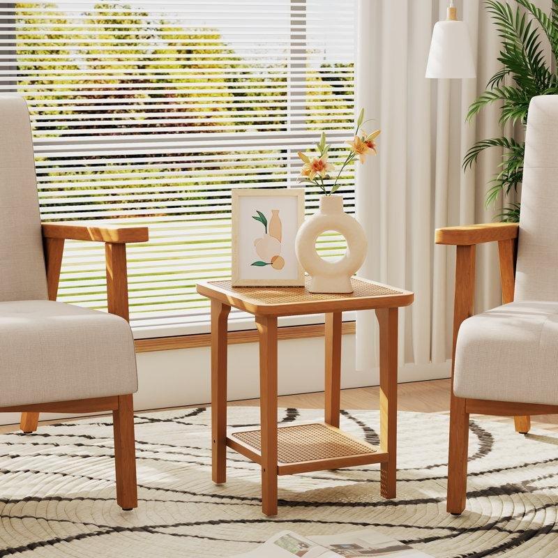 Doğal Ahşap Bambu Raflı Hasır Yan Sehpa-56x45x45 cm - 113007