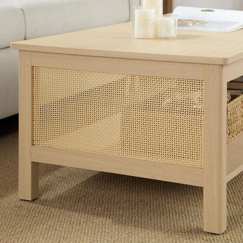 Doğal Ahşap Bohem Orta Sehpa 106x55 cm Rattan Detaylı 2 Raflı - 105232