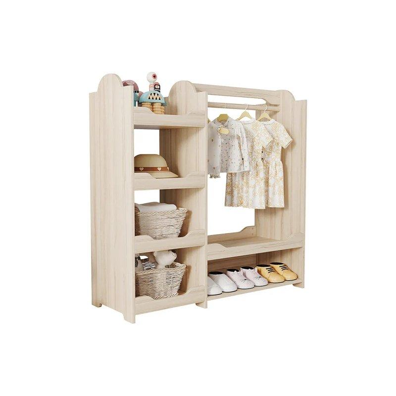 Doğal Ahşap Çocuk Gardrobu 110x110x39 cm 4 Raflı ve Askılı - 90172
