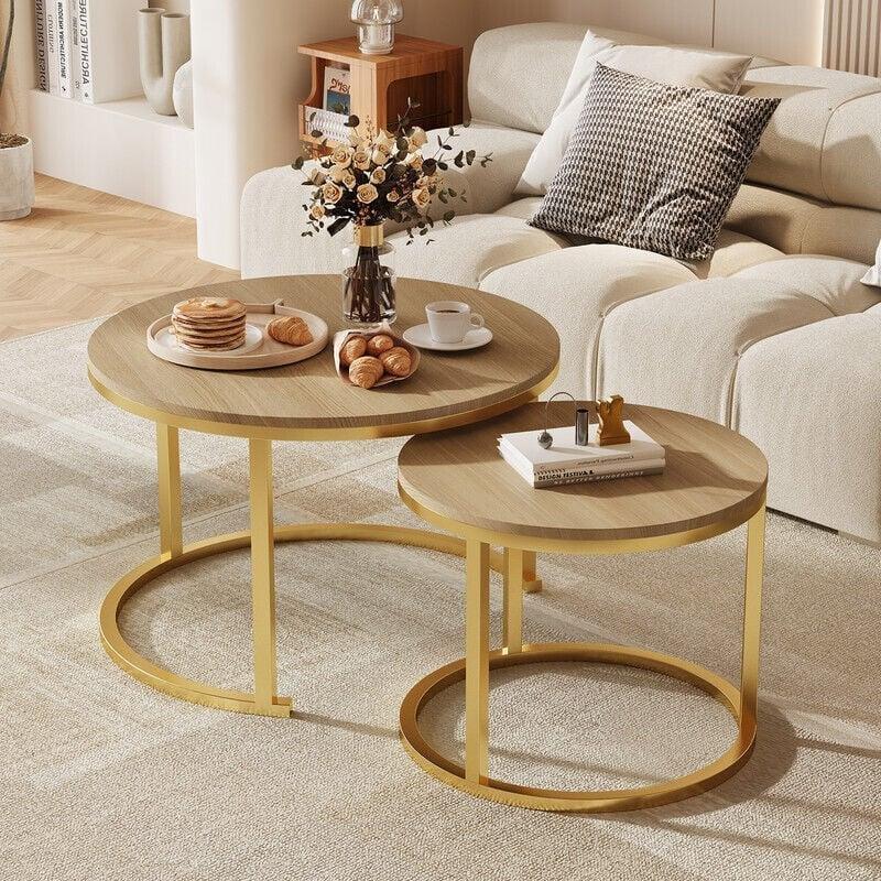 Doğal Ahşap Gold Ayaklı 2%27li Yuvarlak Orta Sehpa 50-70 cm - 102929