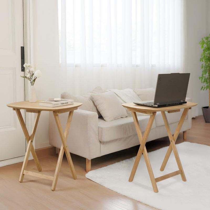 Doğal Ahşap Katlanır Zigon Sehpa 2'li Set 60x44 cm - 108298