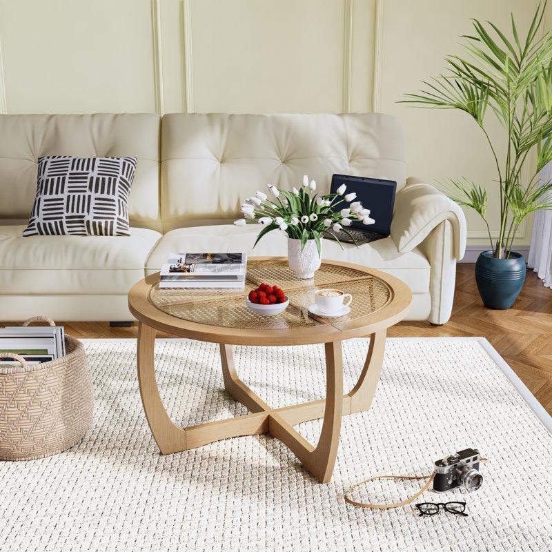 Doğal Ahşap Rattan Yuvarlak Orta Sehpa 82x82x46 cm - 105403