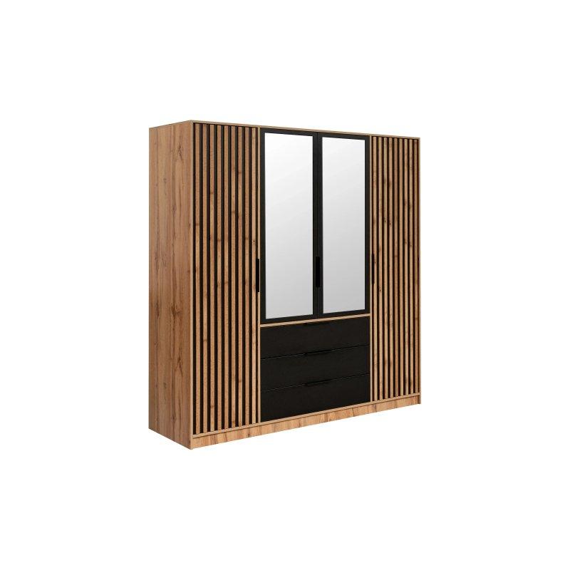 Doğal Ahşap ve Siyah 4 Kapılı Gardrop 196x200 cm Aynalı - 90112