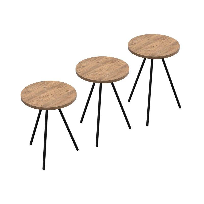Doğal Ahşap Yuvarlak 3'lü Iç İçe Geçen Orta Sehpa Seti 34x53 cm Siyah Ayaklı - 102540