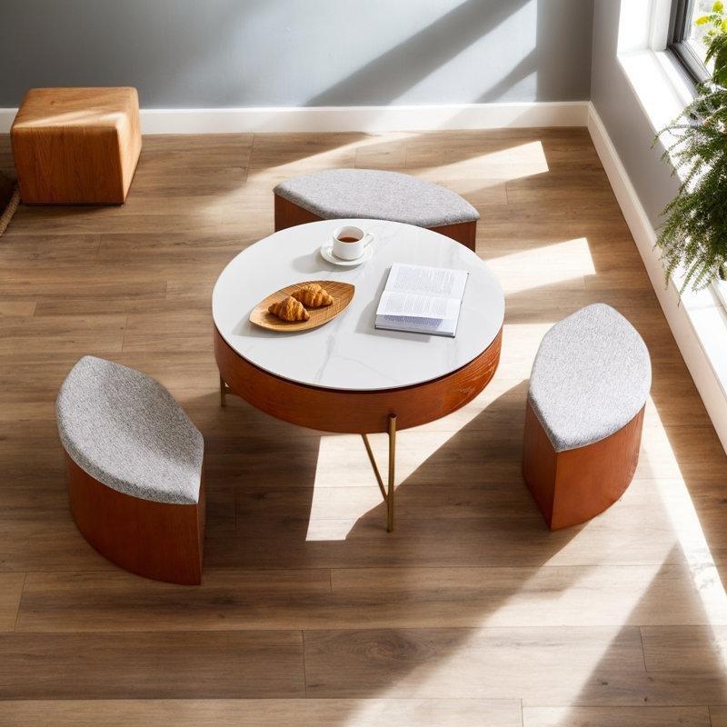 Doğal Ahşap Yuvarlak Kaldırmalı Orta Sehpa 80 cm Iç Çekmeceli Ve 3 Taburelı - 104812