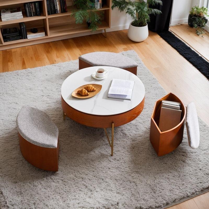 Doğal Ahşap Yuvarlak Kaldırmalı Orta Sehpa 80 cm Iç Çekmeceli Ve 3 Taburelı - 104812