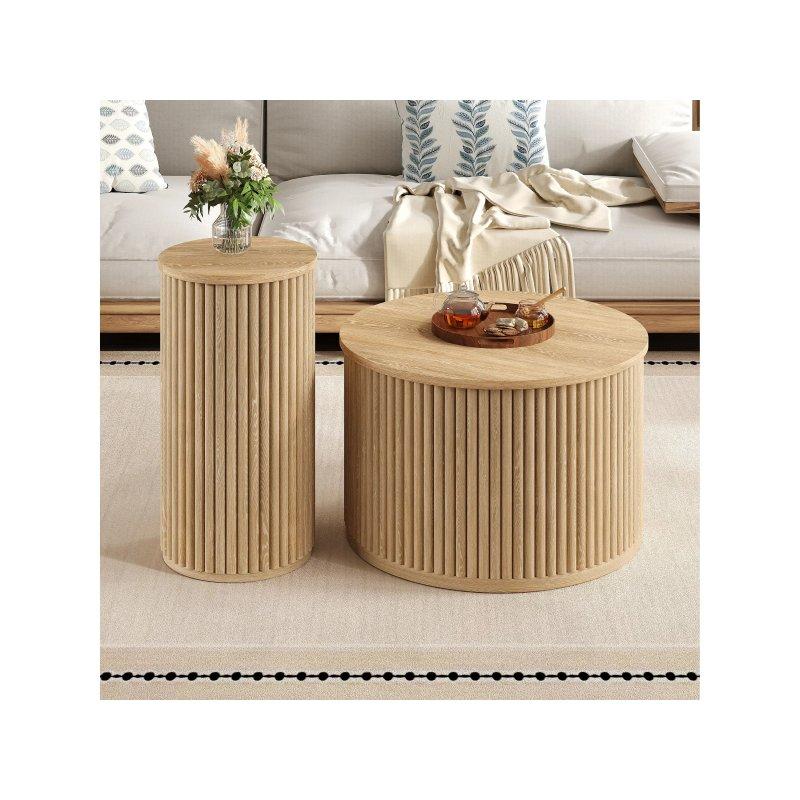 Doğal Ahşap Yuvarlak Orta Sehpa Seti 60 cm İkili - 102390