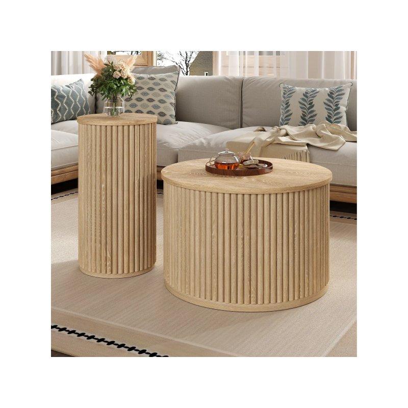 Doğal Ahşap Yuvarlak Orta Sehpa Seti 60 cm İkili - 102390