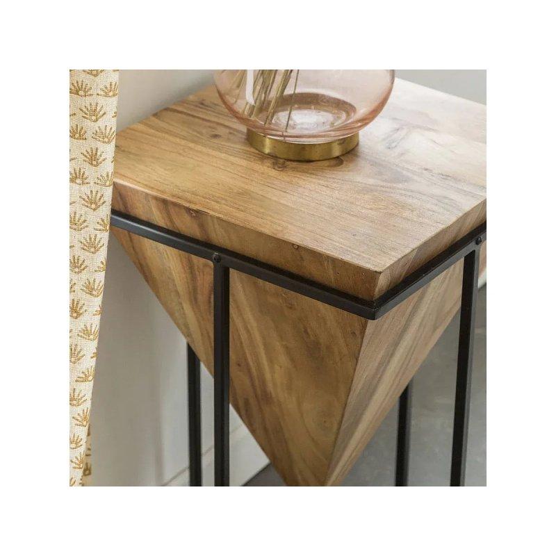 Doğal Akasya Ahşap Metal Konik Tablalı Tasarım Yan Sehpa-57x37x37 cm - 110324