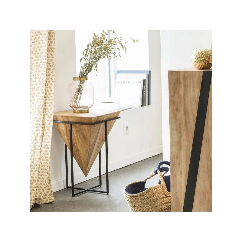 Doğal Akasya Ahşap Metal Konik Tablalı Tasarım Yan Sehpa-57x37x37 cm - 110324