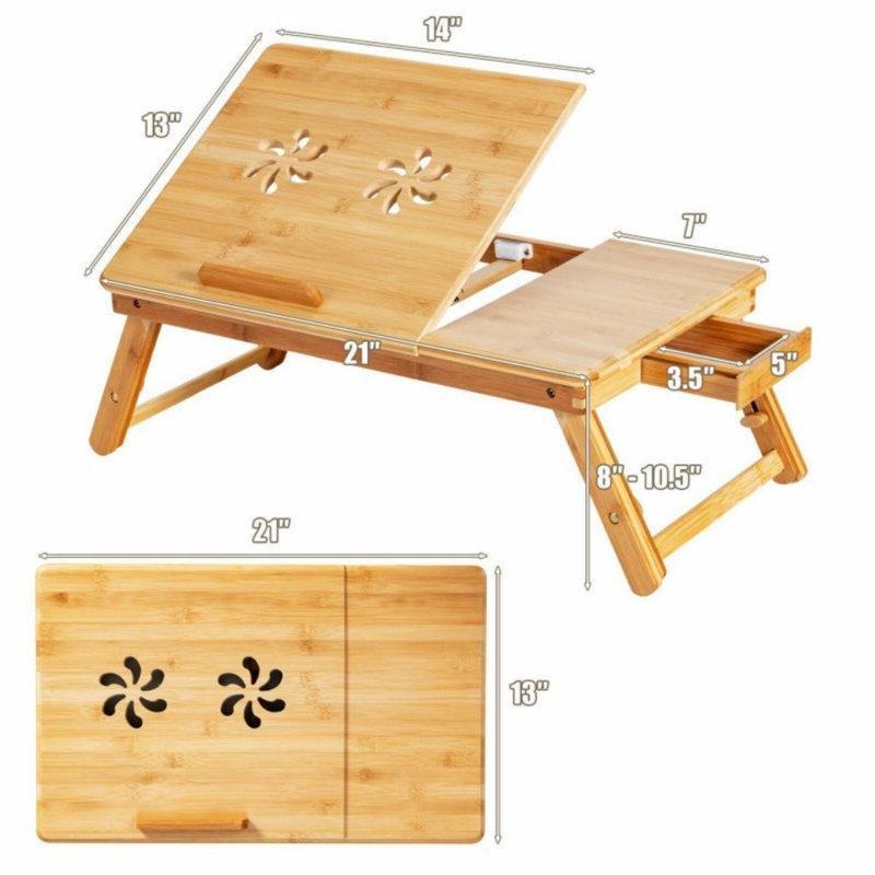 Doğal Bambu Ayarlanabilir Yükseklik Eğimli Üst Tablalı Çekmeceli Laptop Sehpası-54x34x27 cm - 113247