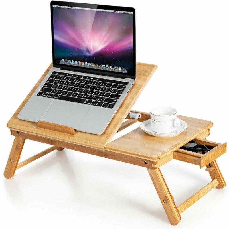 Doğal Bambu Ayarlanabilir Yükseklik Eğimli Üst Tablalı Çekmeceli Laptop Sehpası-54x34x27 cm - 113247