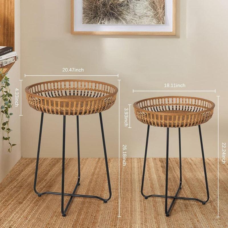Doğal Hasır Bambu Yükseltilmiş Kenarlı Hasır Yan Sehpa Seti-52x52x67 cm - 113028