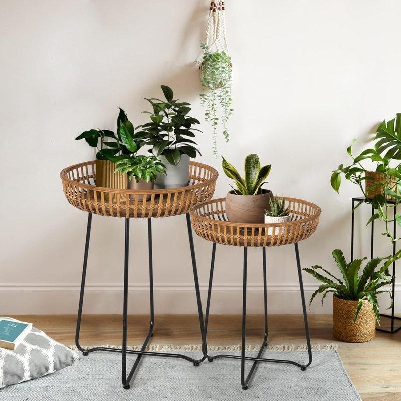 Doğal Hasır Bambu Yükseltilmiş Kenarlı Hasır Yan Sehpa Seti-52x52x67 cm - 113028