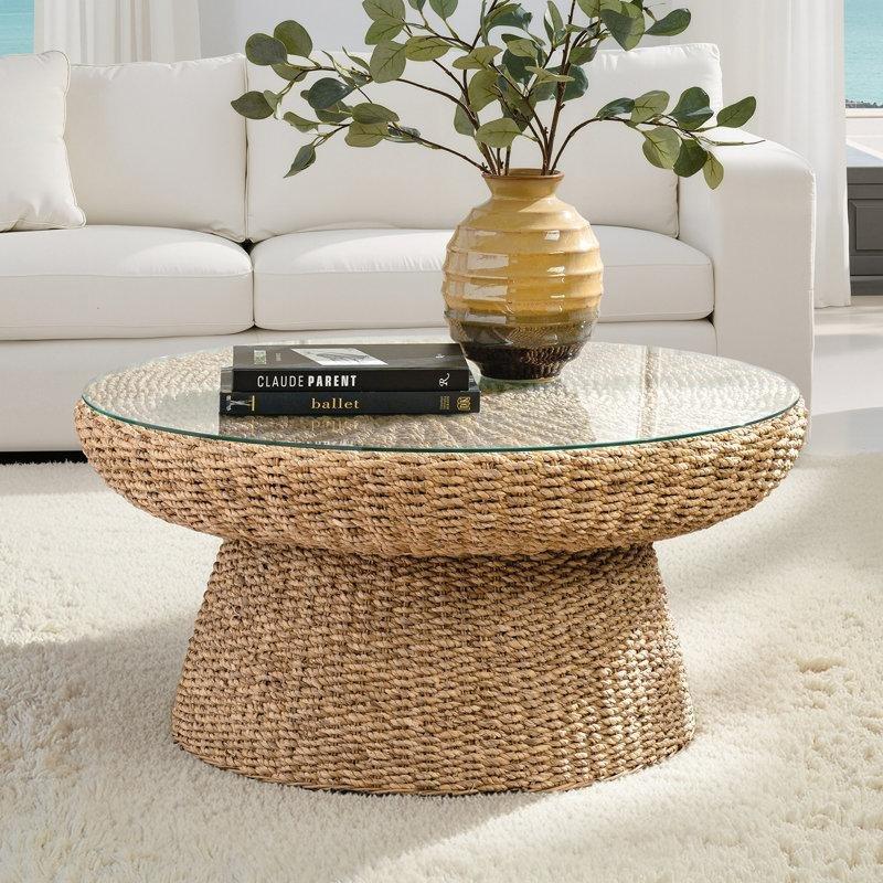 Doğal Hasır Rattan Yuvarlak Orta Sehpa Cam Tablalı 86 cm - 105412